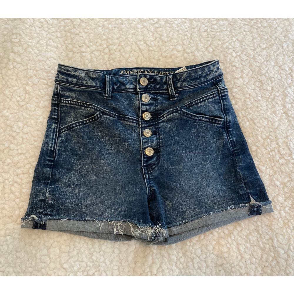 American Eagle blue denim jean cut off shorts, superstretch button front, size 4